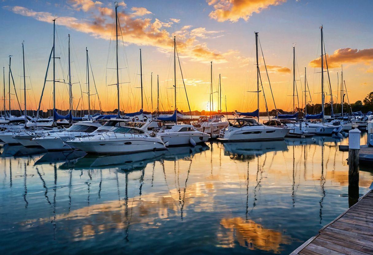A serene marina scene at sunrise featuring various watercraft including sailboats, yachts, and jet skis, each symbolizing different aspects of boat insurance. Add a friendly insurance agent explaining coverage options to a couple interested in purchasing insurance. Include gentle waves and clear blue skies to evoke a sense of tranquility and security. super-realistic. vibrant colors. 3D.